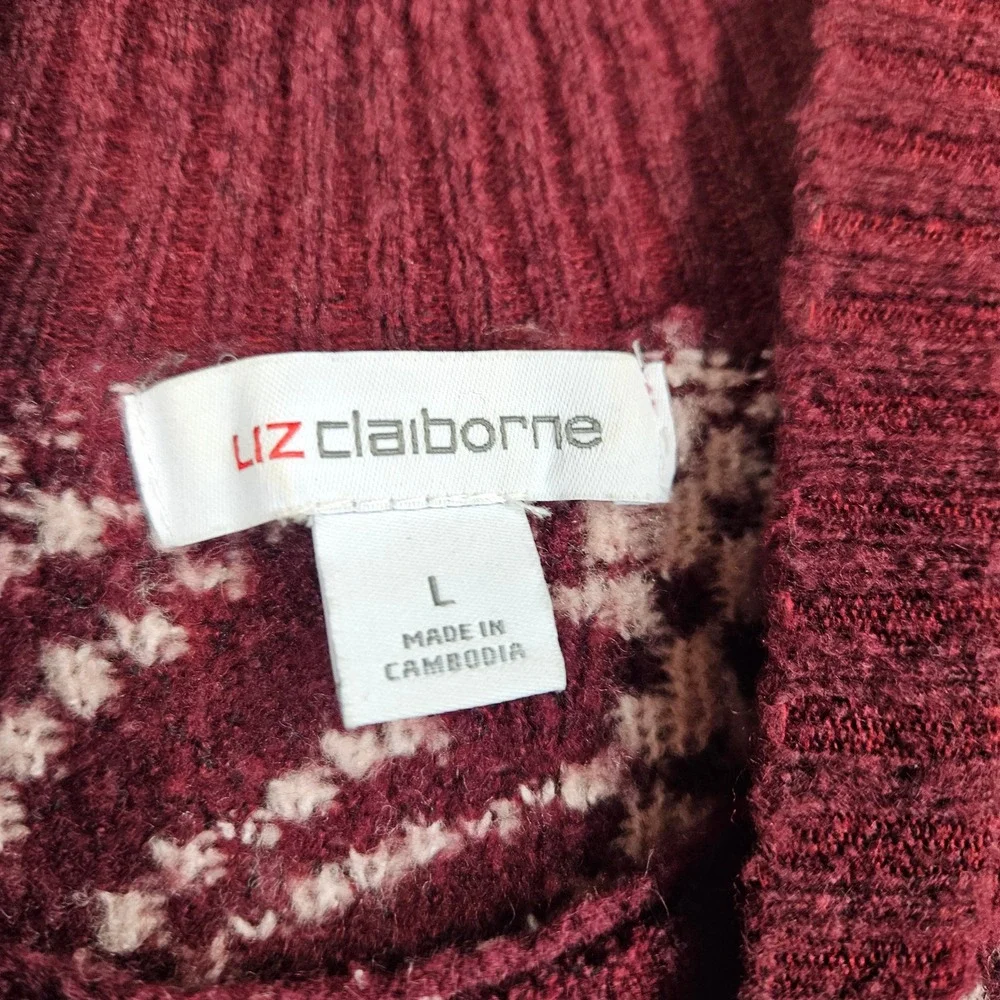 Liz Claiborne Womens Burgundy Floral Mock Neck Pullover Sweater Large